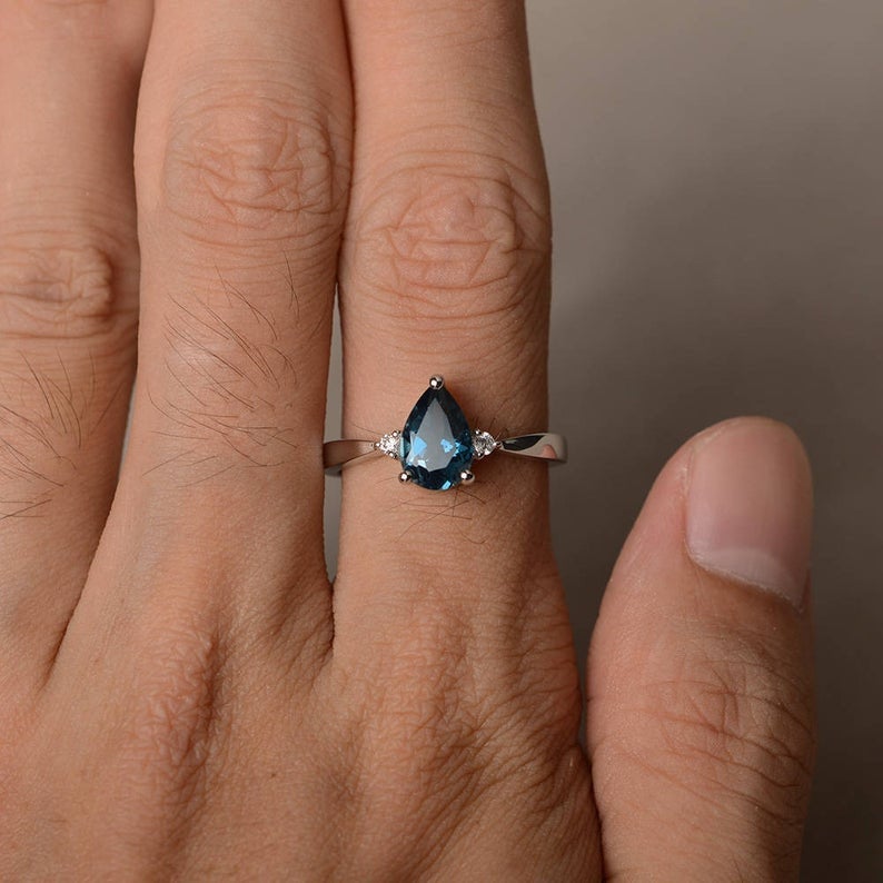 CT Pear Cut London Blue Topaz Diamond 925 Sterling Silver Three Stone Ring