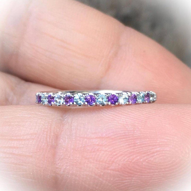 1.20 CT Round Cut Amethyst & Aquamarine White Gold Over On 925 Sterling Silver Half Eternity Band Ring