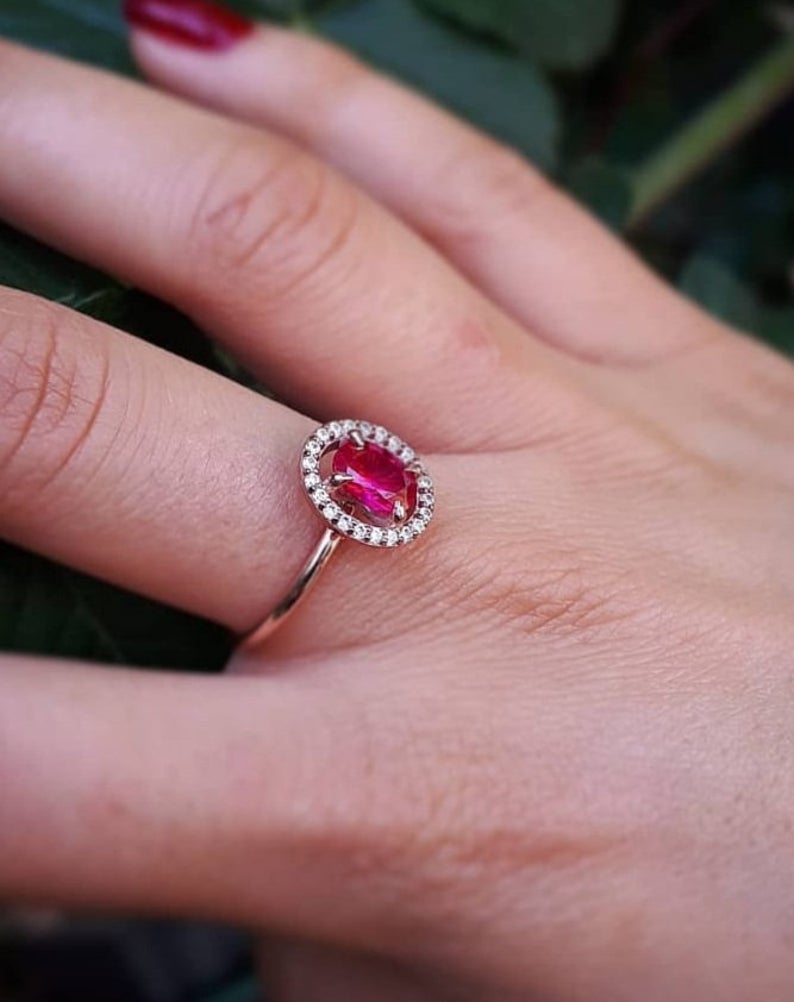 1 CT Oval Cut Ruby Diamond Rose Gold Over On 925 Sterling Silver Halo Promise Ring