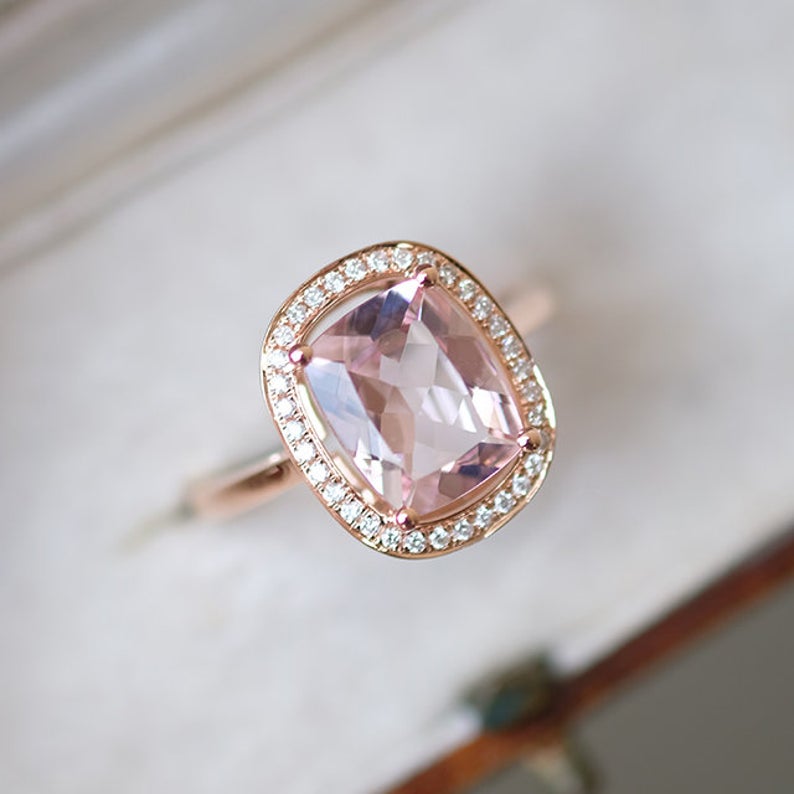 1 CT Cushion Cut Morganite Diamond Rose Gold Over On 925 Sterling Silver Halo Engagement Ring