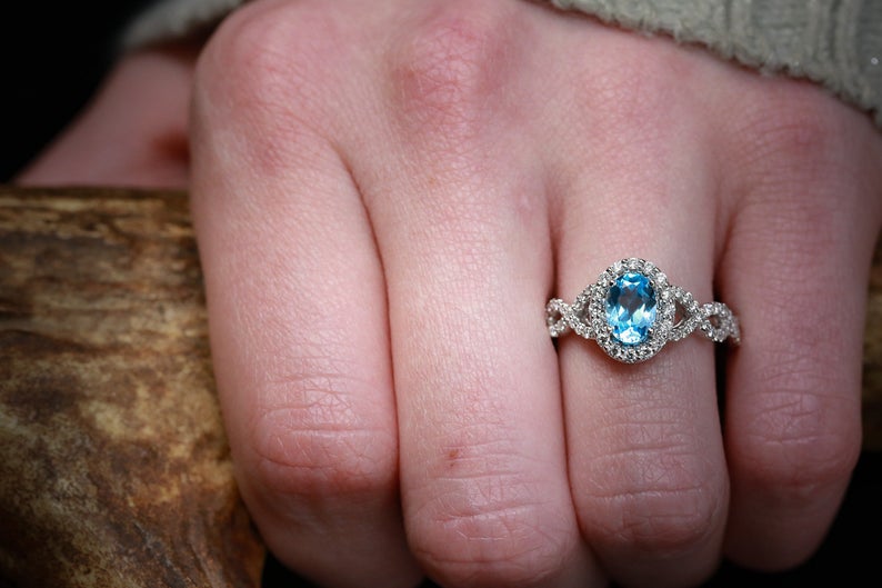 1 CT Oval Cut Aquamarine Diamond White Gold Over On 925 Sterling Silver Women's Halo Engagement Ring