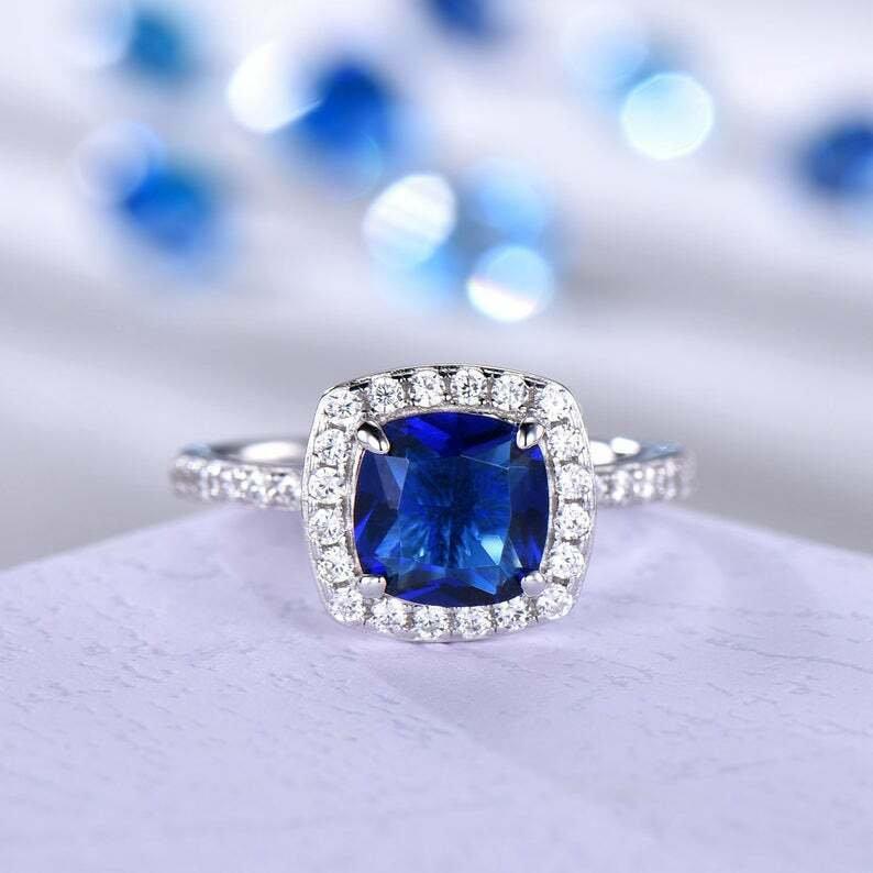 CT Cushion Cut Blue Sapphire Diamond White Gold Over On 925 Sterling  Silver Halo Wedding Ring