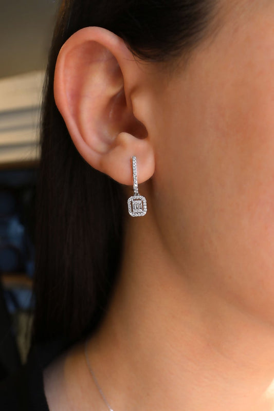 2.20 Ct Round & Baguette Cut Diamond 925 Sterling Silver Halo Dangle Earrings