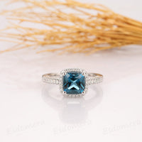 2 CT Cushion Cut London Blue Topaz Diamond 925 Sterling Silver Halo Wedding Ring