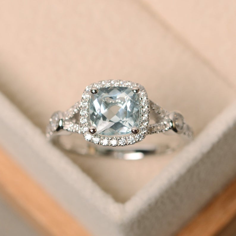 1 CT Cushion Cut Aquamarine Diamond 925 Sterling Silver Halo Anniversary Ring