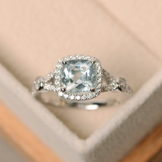 1 CT Cushion Cut Aquamarine Diamond 925 Sterling Silver Halo Anniversary Ring