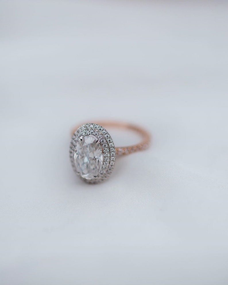 2 CT Oval Cut Diamond Rose Gold Over On 925 Sterling Silver Double Halo Engagement Ring For Her