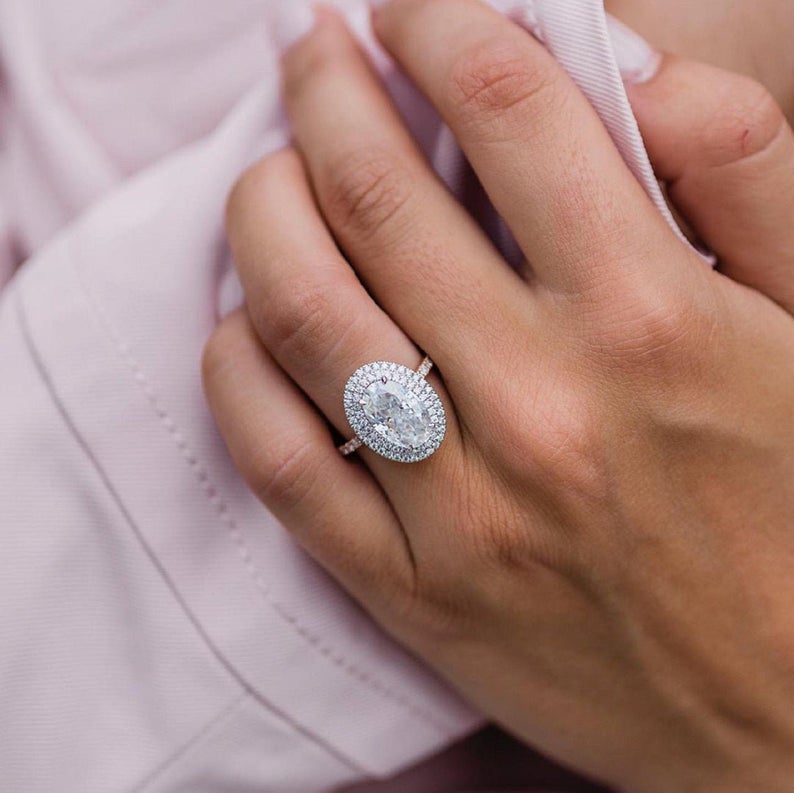 2 CT Oval Cut Diamond Rose Gold Over On 925 Sterling Silver Double Halo Engagement Ring For Her