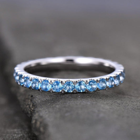 1.50 CT Round Cut Sky Blue Topaz Diamond White Gold Over On 925 Sterling Silver Full Eternity Wedding Band Ring