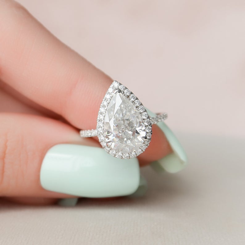 3 CT Pear Cut Diamond White Gold Over On 925 Sterling Silver Halo Wedding Ring