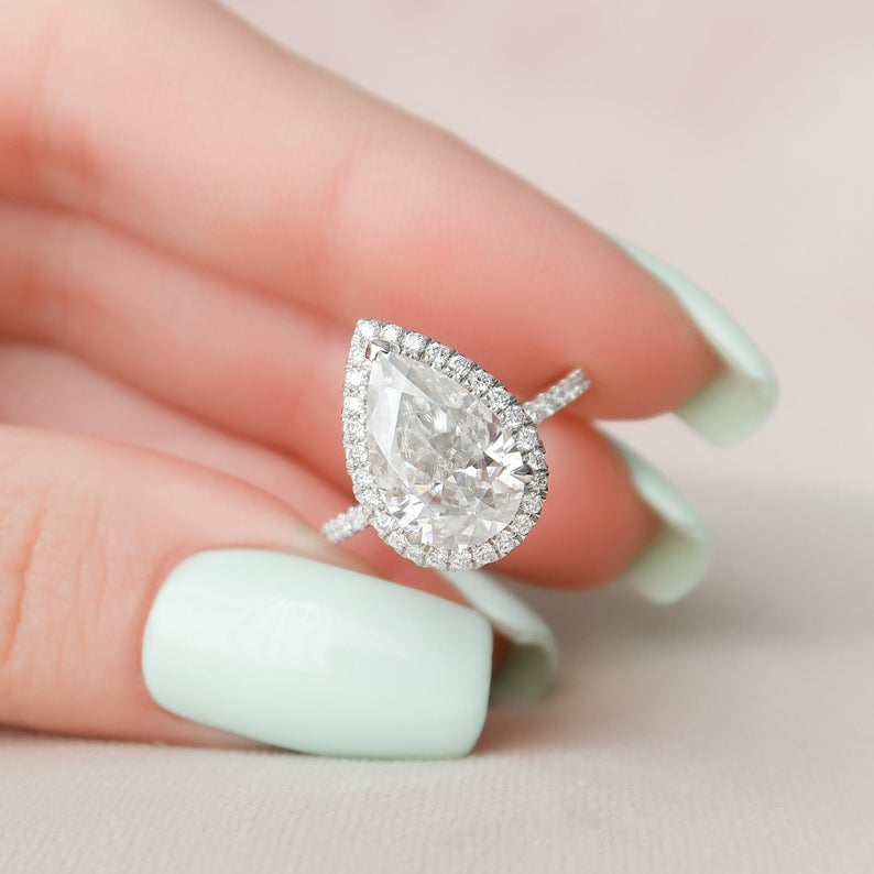 3 CT Pear Cut Diamond White Gold Over On 925 Sterling Silver Halo Wedding Ring