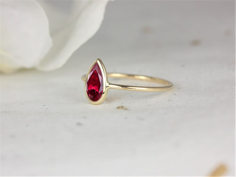 1 CT Pear Cut Ruby Yellow Gold Over On 925 Sterling Silver Solitaire Women Wedding Ring