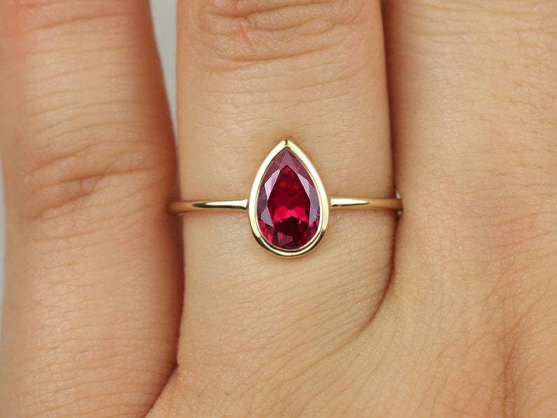 1 CT Pear Cut Ruby Yellow Gold Over On 925 Sterling Silver Solitaire Women Wedding Ring