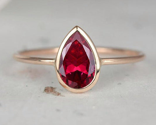 1 CT Pear Cut Ruby Yellow Gold Over On 925 Sterling Silver Solitaire Women Wedding Ring