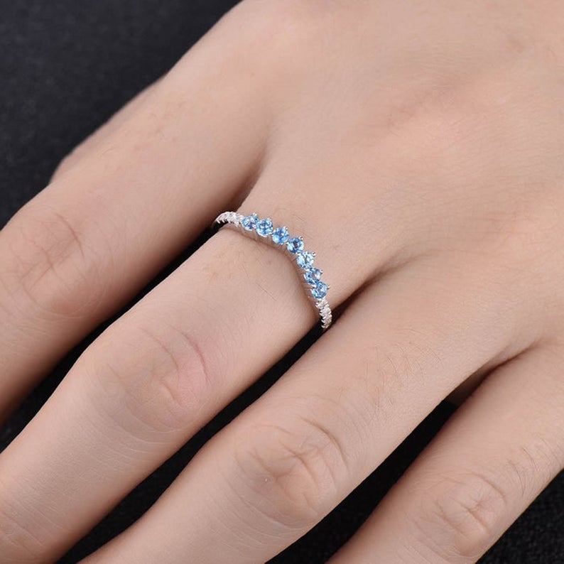 1.50 CT Round Cut Blue Topaz CZ Diamond White Gold Over On 925 Sterling Silver Full Eternity Wedding Band Ring