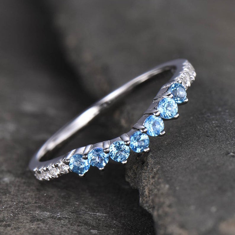 1.50 CT Round Cut Blue Topaz CZ Diamond White Gold Over On 925 Sterling Silver Full Eternity Wedding Band Ring