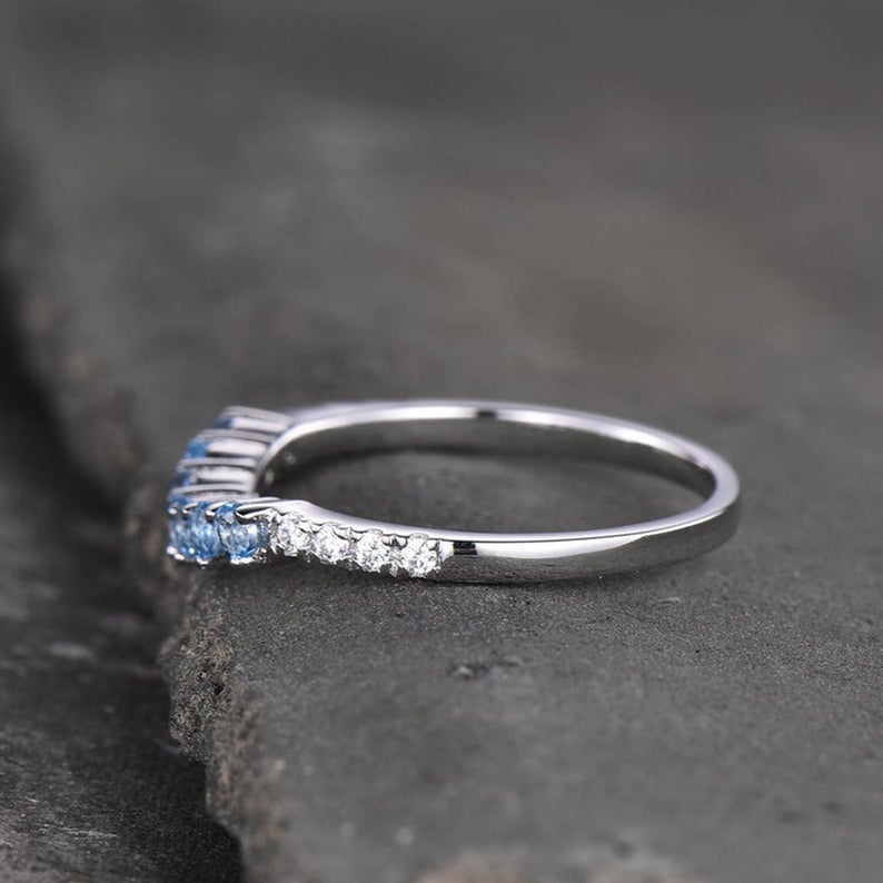 1.50 CT Round Cut Blue Topaz CZ Diamond White Gold Over On 925 Sterling Silver Full Eternity Wedding Band Ring