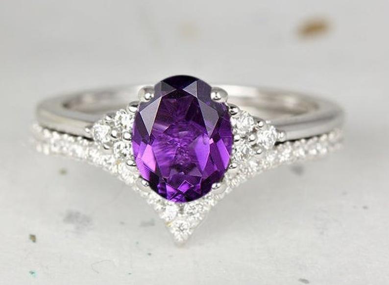 1 CT Oval Cut Amethyst Diamond White Gold Over On 925 Sterling Silver Promise Ring Set For Women