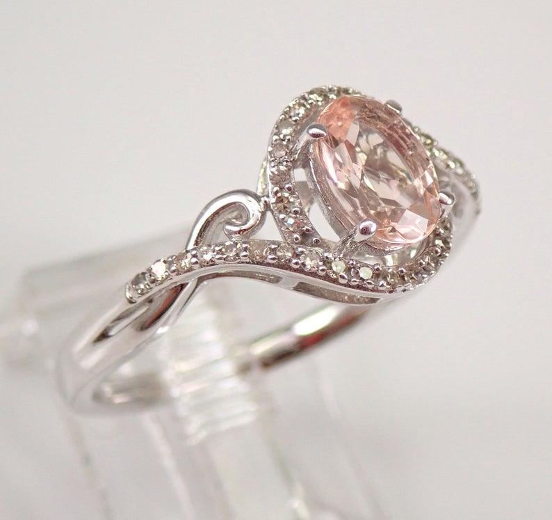 1 CT Oval Cut Morganite Diamond White Gold Over On 925 Sterling Silver Halo Engagement Ring