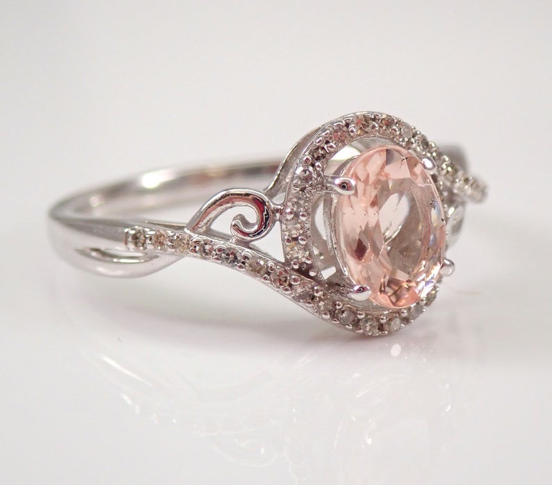 1 CT Oval Cut Morganite Diamond White Gold Over On 925 Sterling Silver Halo Engagement Ring