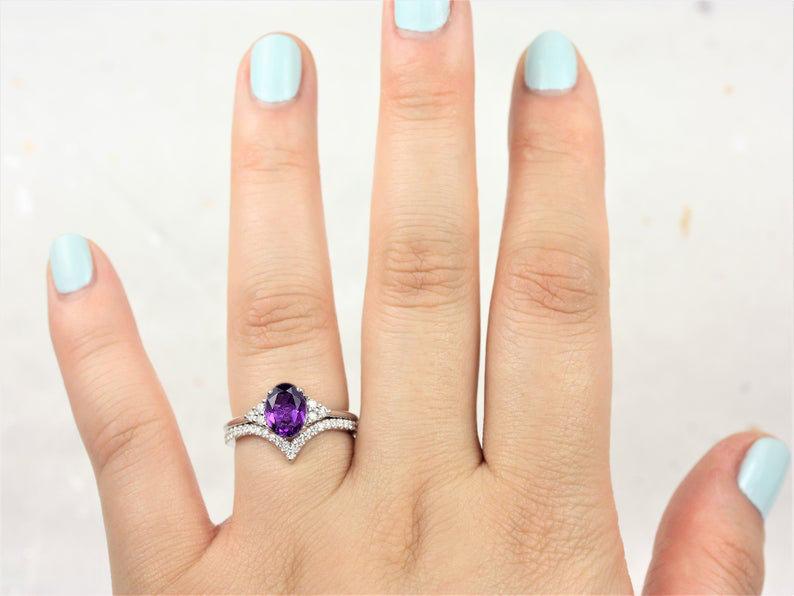 1 CT Oval Cut Amethyst Diamond White Gold Over On 925 Sterling Silver Promise Ring Set For Women