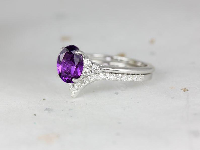 1 CT Oval Cut Amethyst Diamond White Gold Over On 925 Sterling Silver Promise Ring Set For Women