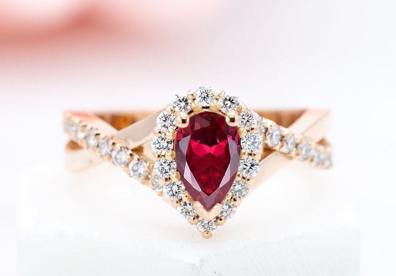 2 CT Pear Cut Ruby Diamond Rose Gold Over On 925 Sterling Silver Infinity Style Anniversary Ring For Women