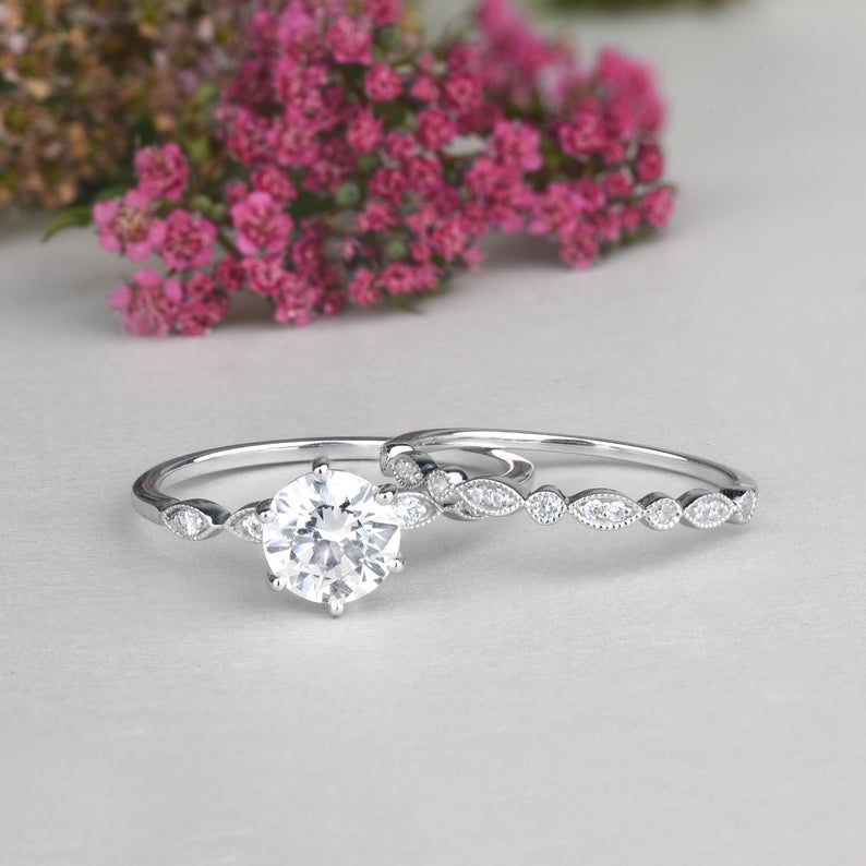 1 CT Round Cut Diamond White Gold Over On 925 Sterling Silver Bridal Ring  Set