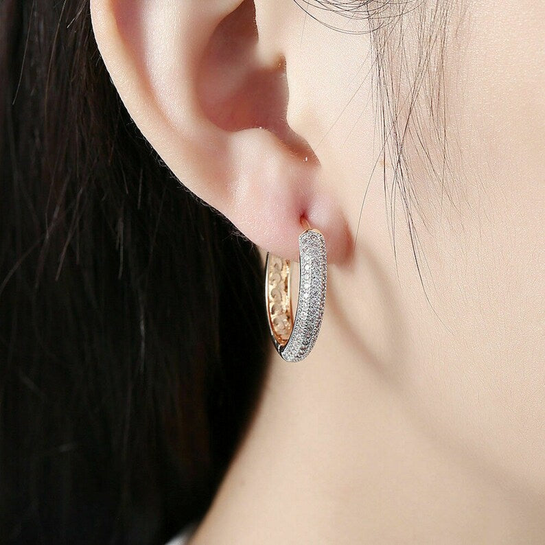 1.20 Ct Round Cut Diamond Yellow Gold Over On 925 Sterling Silver Women's Hoop Earrings