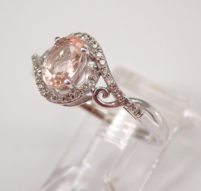 1 CT Oval Cut Morganite Diamond White Gold Over On 925 Sterling Silver Halo Engagement Ring