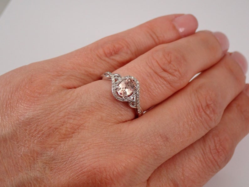 1 CT Oval Cut Morganite Diamond White Gold Over On 925 Sterling Silver Halo Engagement Ring