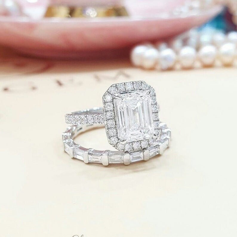 1 CT Emerald Cut White Diamond White Gold Over On 925 Sterling Silver Promise Ring Set