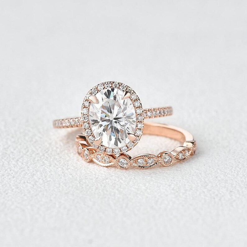 1 CT Oval Cut Rose Gold Over On 925 Sterling Silver Halo Engagement Bridal Ring Set