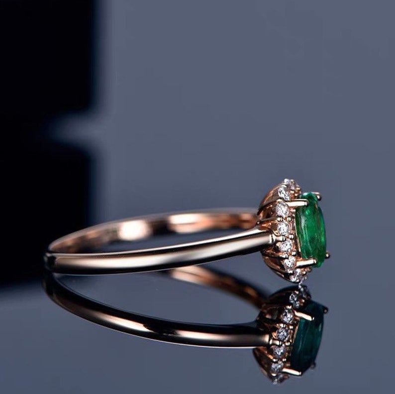 1 CT Oval Cut Green Emerald Diamond Rose Gold Over On 925 Sterling Silver Halo Promise Ring