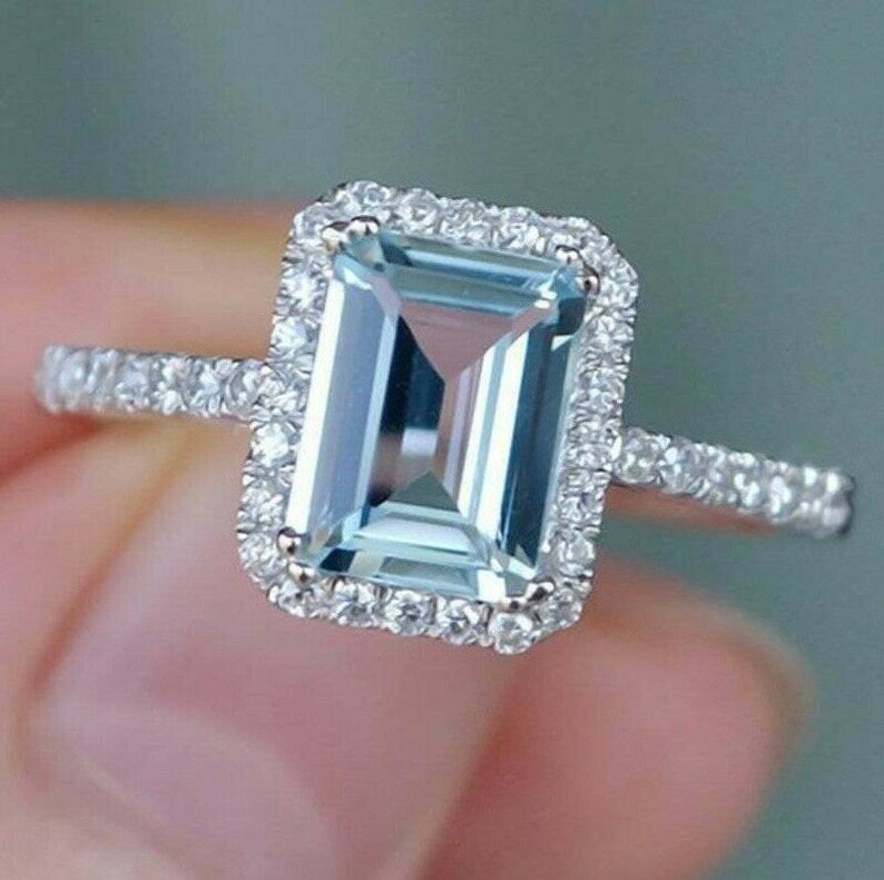 2 CT Emerald Cut Aquamarine Diamond White Gold Over On 925 Sterling Silver Halo Engagement Ring