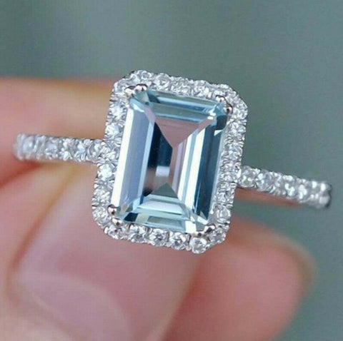 2 CT Emerald Cut Aquamarine Diamond White Gold Over On 925 Sterling Silver Halo Engagement Ring