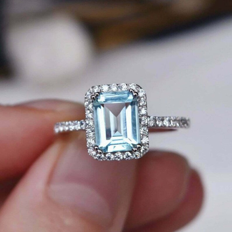 2 CT Emerald Cut Aquamarine Diamond White Gold Over On 925 Sterling Silver Halo Engagement Ring