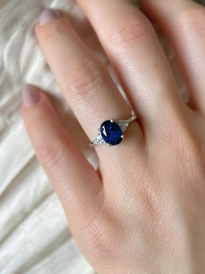 2 CT Oval Cut Blue Sapphire White Gold Over On 925 Sterling Silver Solitaire W/Accents Ring