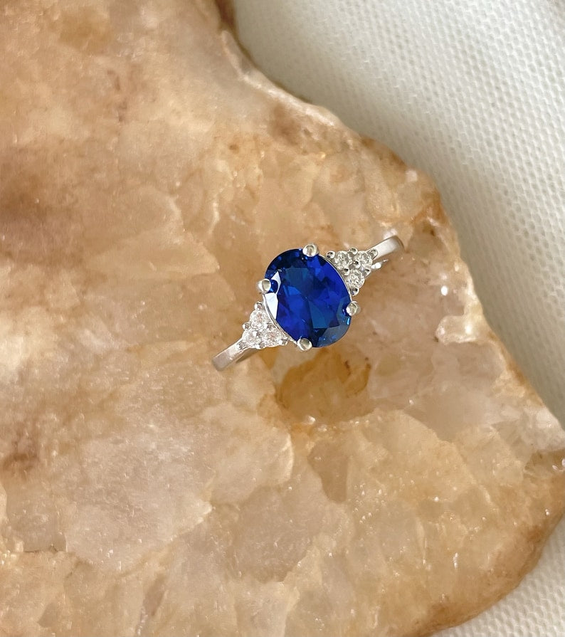 2 CT Oval Cut Blue Sapphire White Gold Over On 925 Sterling Silver Solitaire W/Accents Ring