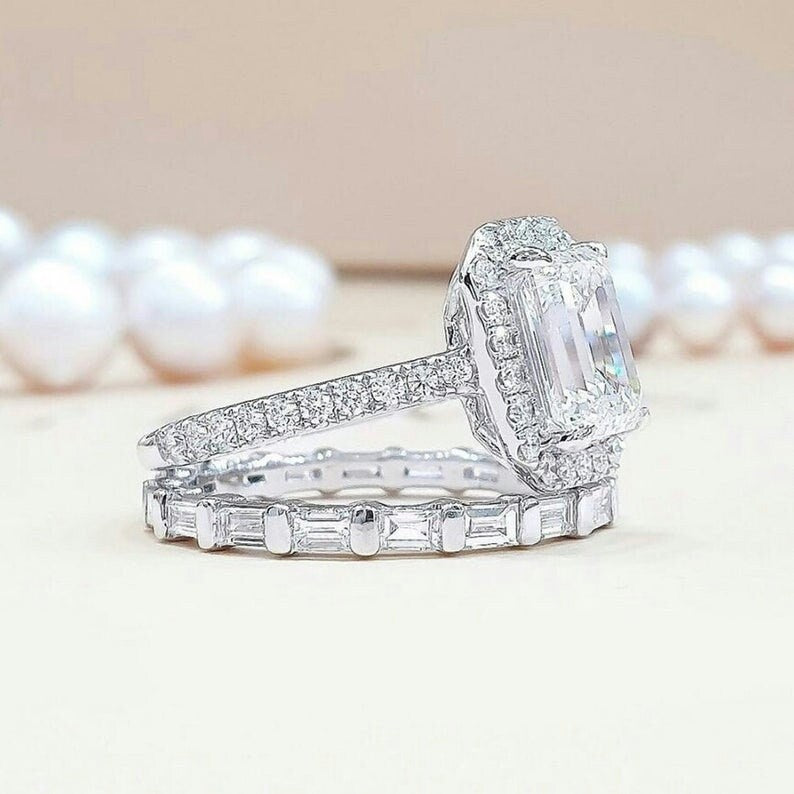 1 CT Emerald Cut White Diamond White Gold Over On 925 Sterling Silver Promise Ring Set