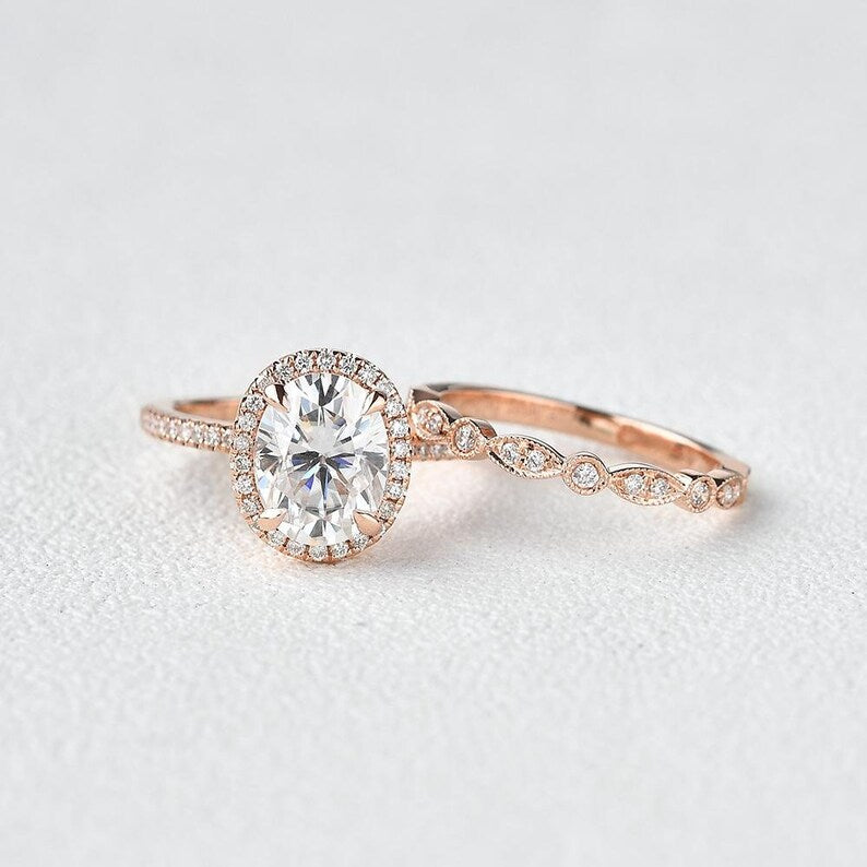1 CT Oval Cut Rose Gold Over On 925 Sterling Silver Halo Engagement Bridal Ring Set