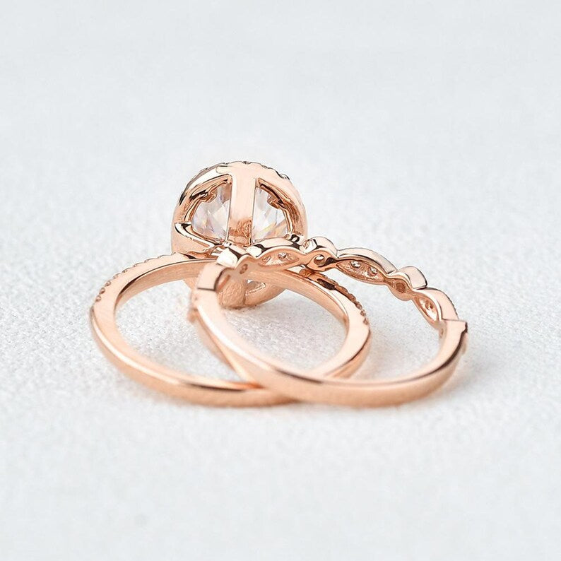 1 CT Oval Cut Rose Gold Over On 925 Sterling Silver Halo Engagement Bridal Ring Set