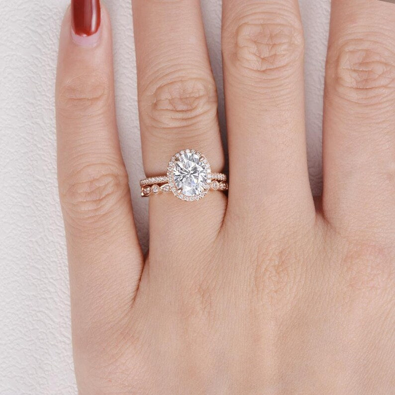1 CT Oval Cut Rose Gold Over On 925 Sterling Silver Halo Engagement Bridal Ring Set