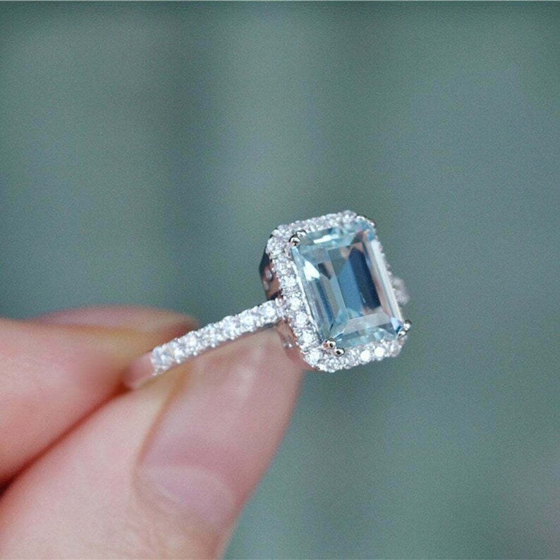 2 CT Emerald Cut Aquamarine Diamond White Gold Over On 925 Sterling Silver Halo Engagement Ring