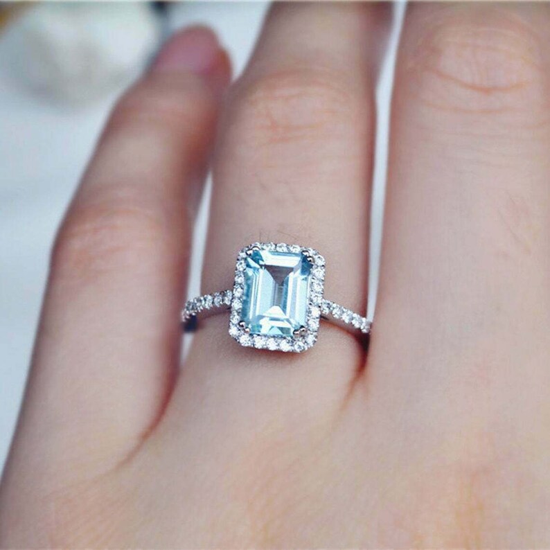 CT Emerald Cut Aquamarine Diamond White Gold Over On 925 Sterling Silver  Halo Engagement Ring