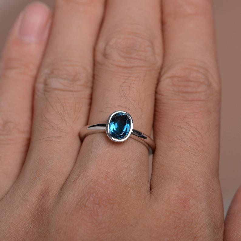 1.00 Ct Oval Cut London Blue Topaz Bezel Set Solitaire Ring In 925 Sterling Silver