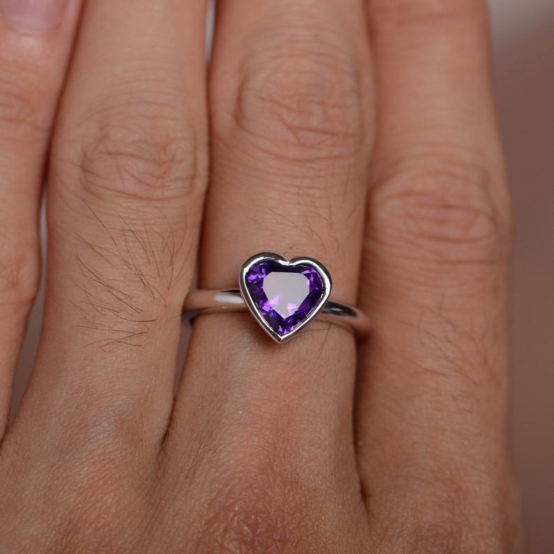 1 Ct Heart Cut Purple Amethyst Solitaire Proposal Ring In 925 Sterling Silver