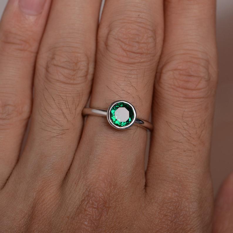 1 Ct Round Cut Green Emerald Solitaire May Birthstone Ring In 925 Sterling Silver