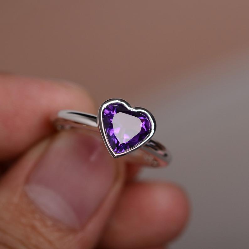 1 Ct Heart Cut Purple Amethyst Solitaire Proposal Ring In 925 Sterling Silver