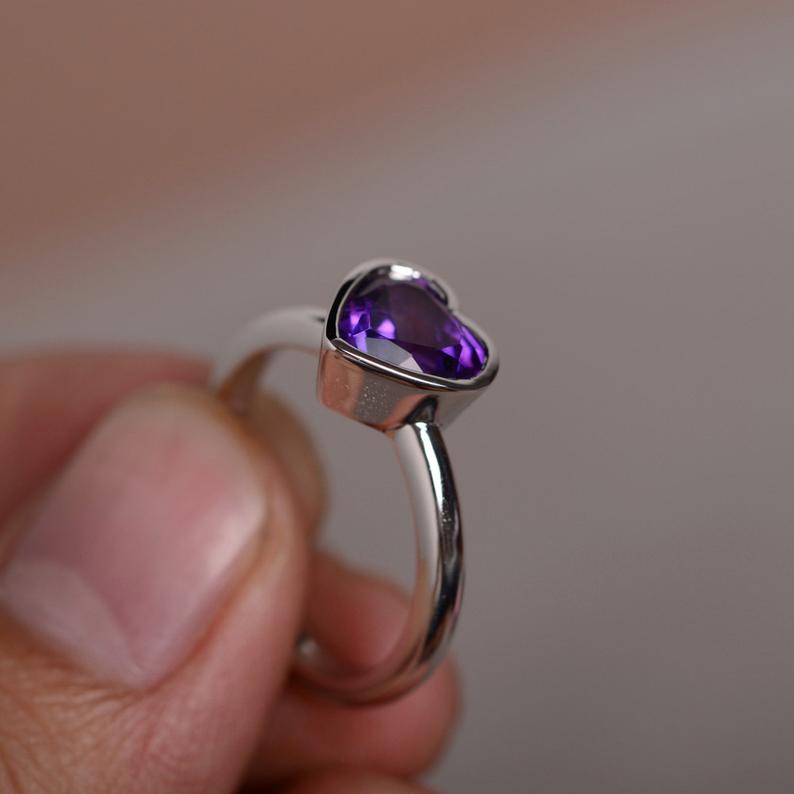 1 Ct Heart Cut Purple Amethyst Solitaire Proposal Ring In 925 Sterling Silver